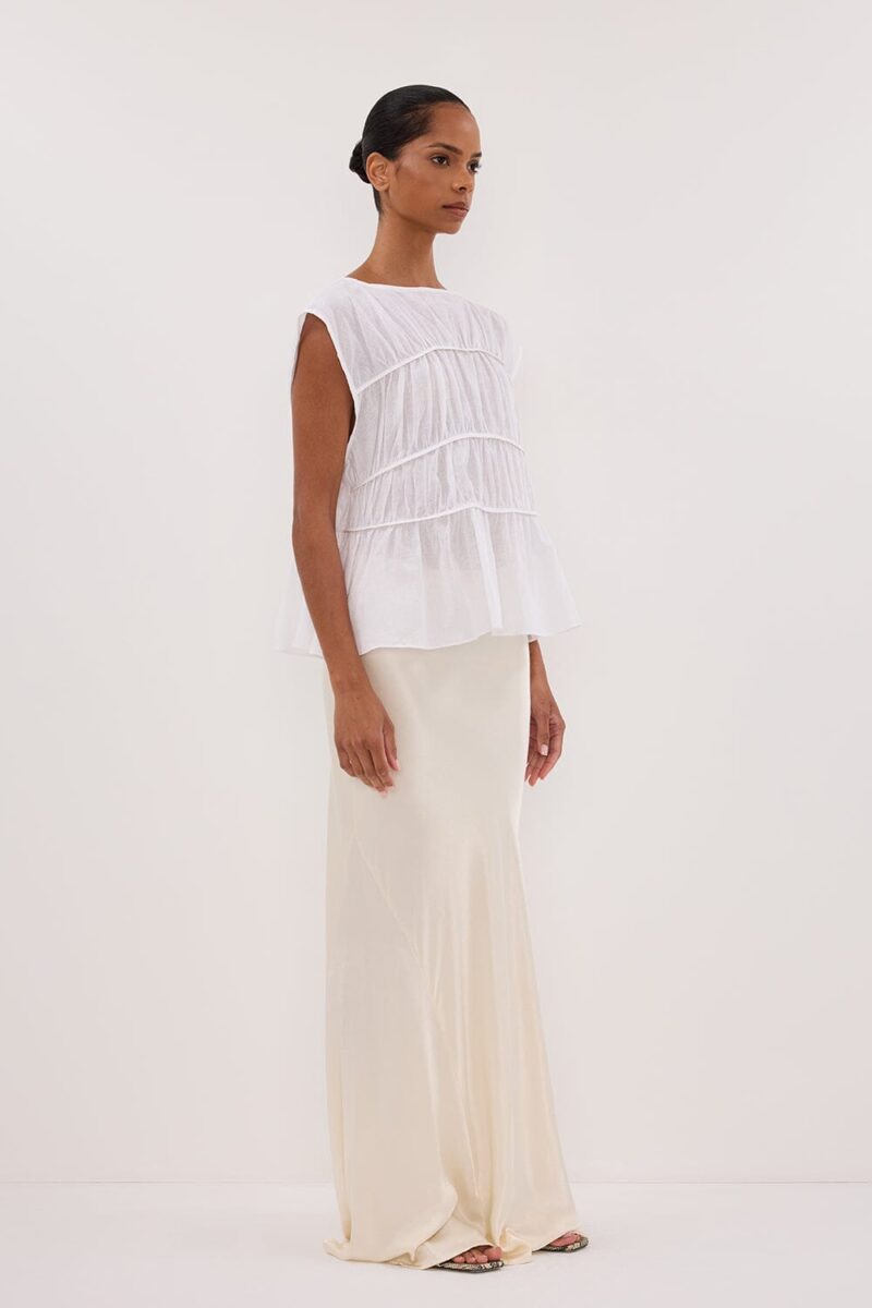 FLYNN WHITE LINEN BLEND TIERED TOP