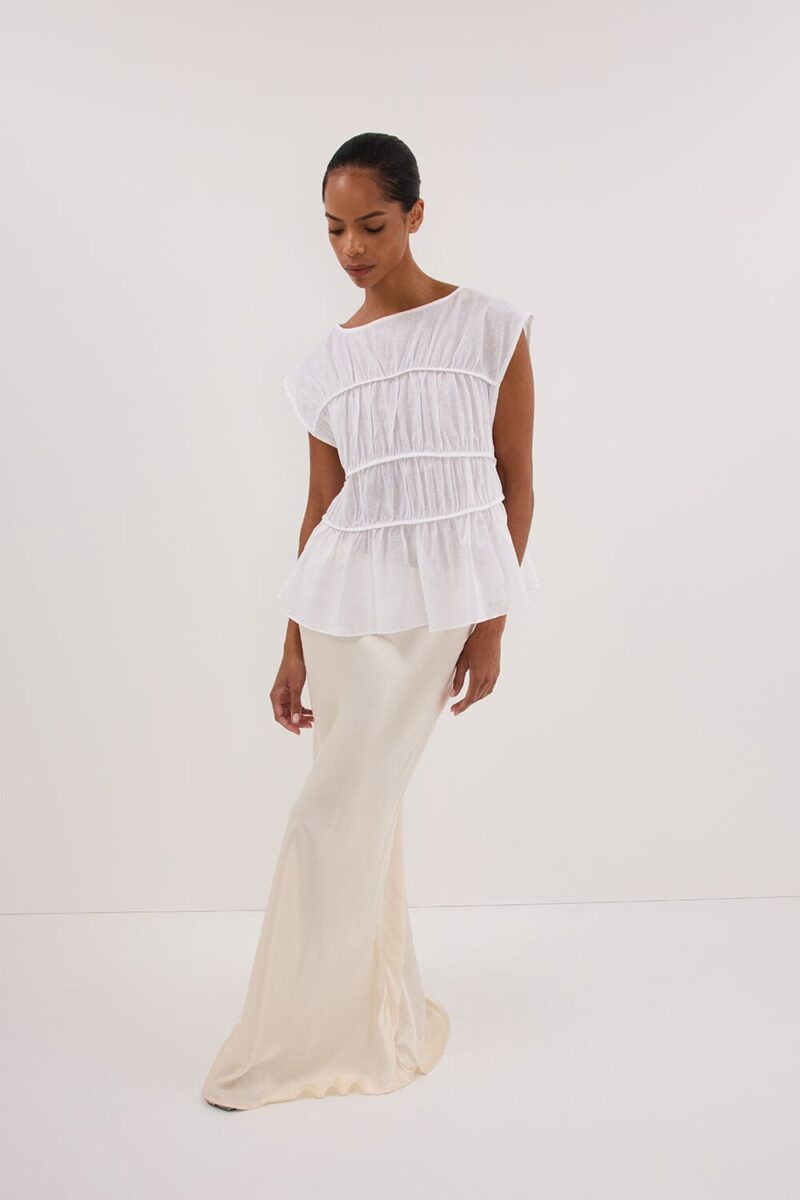 FLYNN WHITE LINEN BLEND TIERED TOP