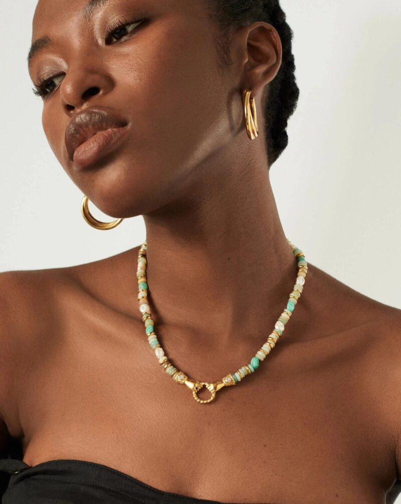 Harris Reed In Good Hands Chunky Beaded Gemstone Necklace | 18ct Gold Plated/Multi Amazonite & Pearl