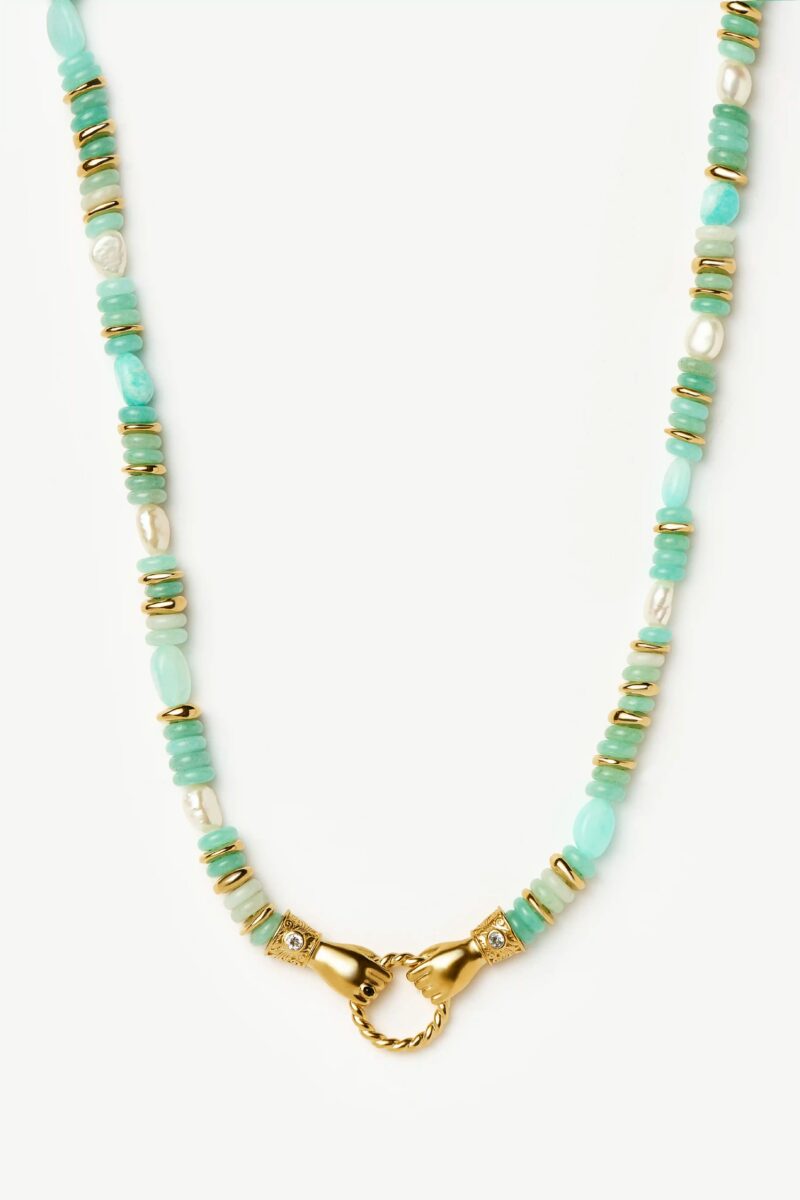 Harris Reed In Good Hands Chunky Beaded Gemstone Necklace | 18ct Gold Plated/Multi Amazonite & Pearl