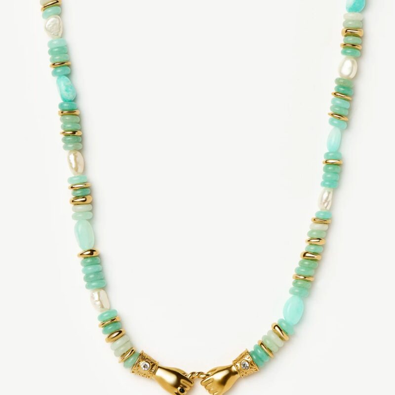 Harris Reed In Good Hands Chunky Beaded Gemstone Necklace | 18ct Gold Plated/Multi Amazonite & Pearl