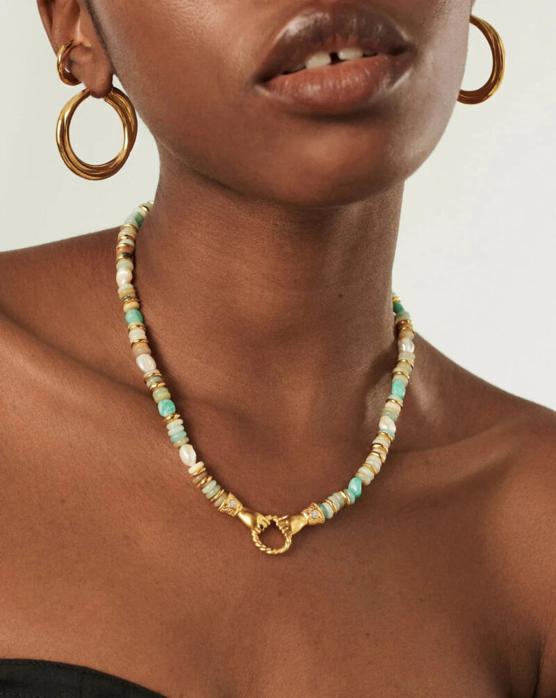 Harris Reed In Good Hands Chunky Beaded Gemstone Necklace | 18ct Gold Plated/Multi Amazonite & Pearl