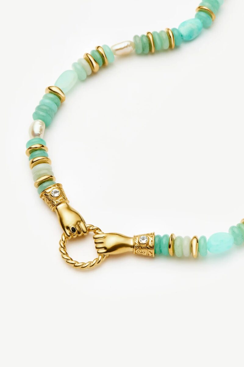 Harris Reed In Good Hands Chunky Beaded Gemstone Necklace | 18ct Gold Plated/Multi Amazonite & Pearl