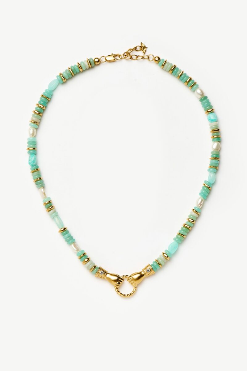 Harris Reed In Good Hands Chunky Beaded Gemstone Necklace | 18ct Gold Plated/Multi Amazonite & Pearl