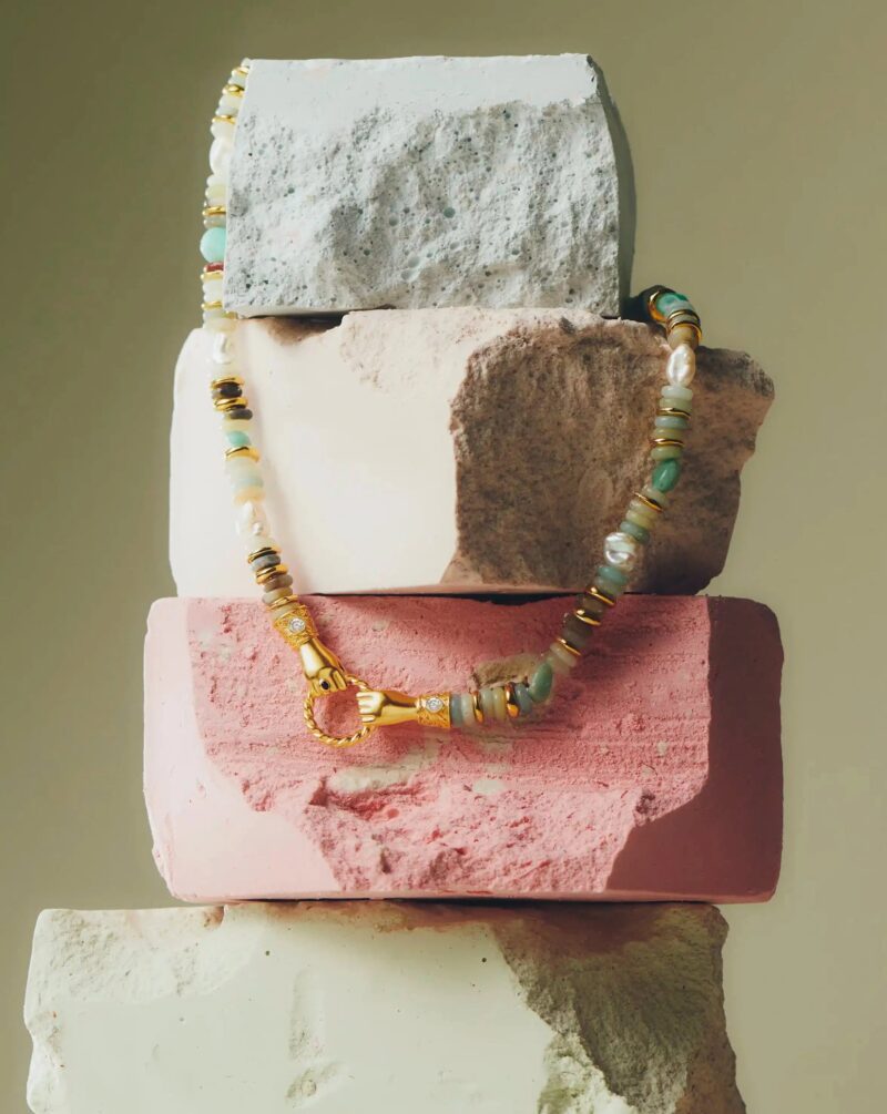 Harris Reed In Good Hands Chunky Beaded Gemstone Necklace | 18ct Gold Plated/Multi Amazonite & Pearl