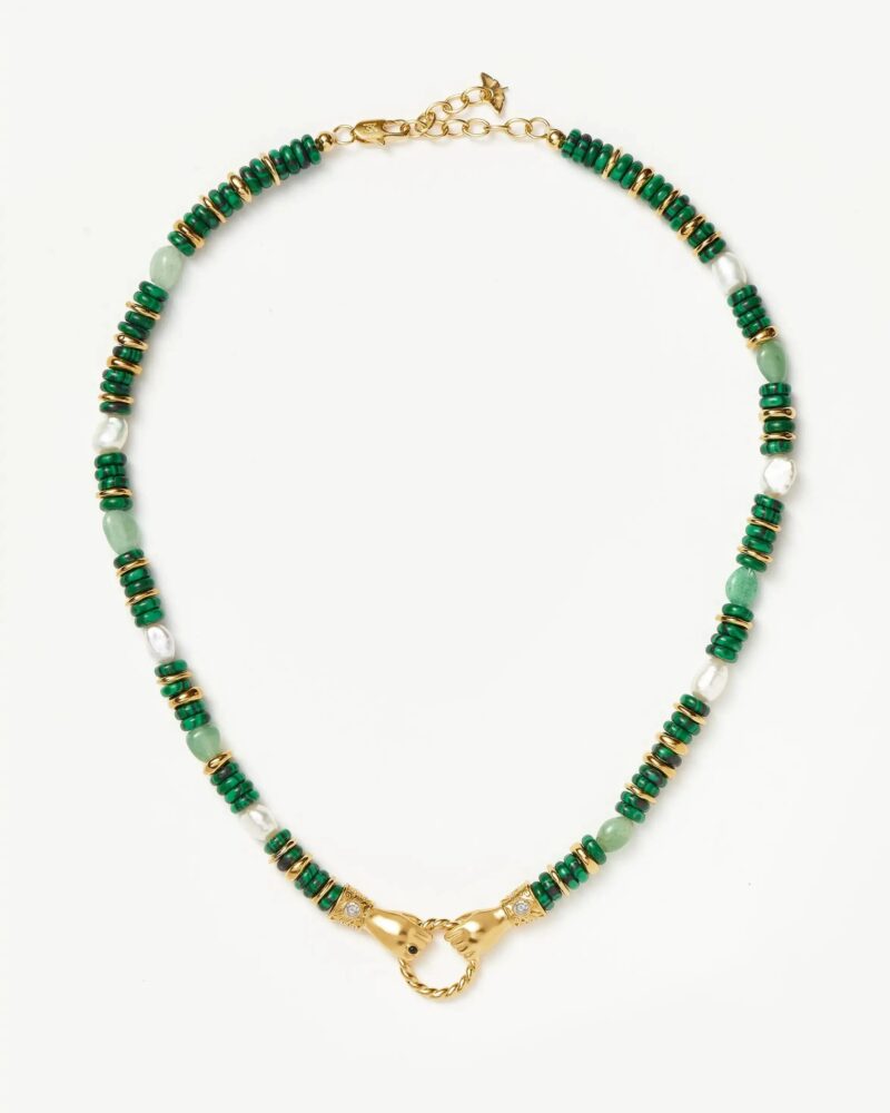 Harris Reed In Good Hands Chunky Beaded Gemstone Necklace | 18ct Gold Plated/Multi Green Gemstone & Pearl