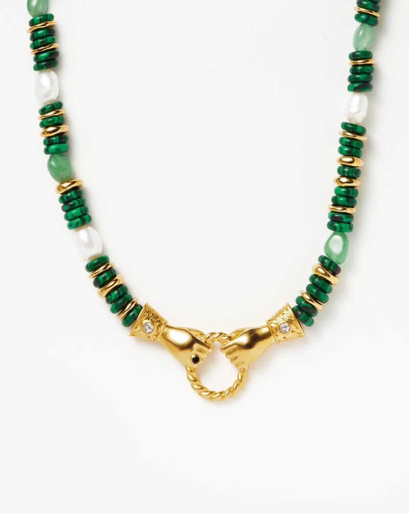 Harris Reed In Good Hands Chunky Beaded Gemstone Necklace | 18ct Gold Plated/Multi Green Gemstone & Pearl