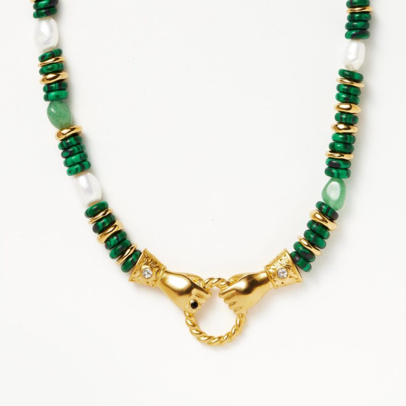 Harris Reed In Good Hands Chunky Beaded Gemstone Necklace | 18ct Gold Plated/Multi Green Gemstone & Pearl
