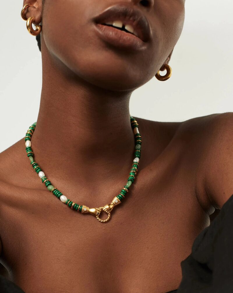 Harris Reed In Good Hands Chunky Beaded Gemstone Necklace | 18ct Gold Plated/Multi Green Gemstone & Pearl