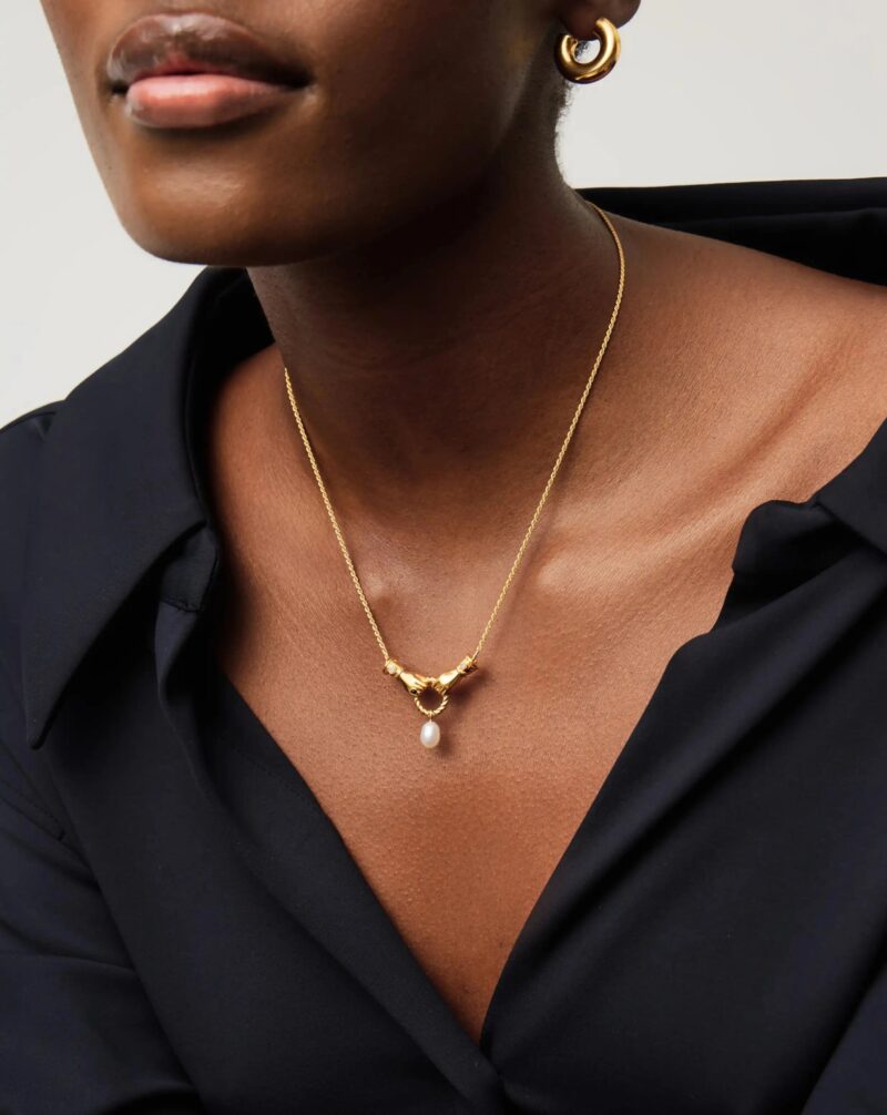 Harris Reed In Good Hands Drop Pendant Necklace | 18ct Gold Plated/Pearl & Black Onyx
