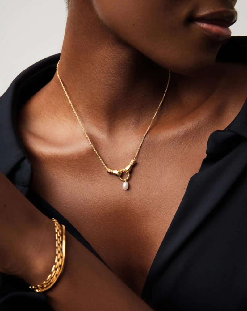 Harris Reed In Good Hands Drop Pendant Necklace | 18ct Gold Plated/Pearl & Black Onyx