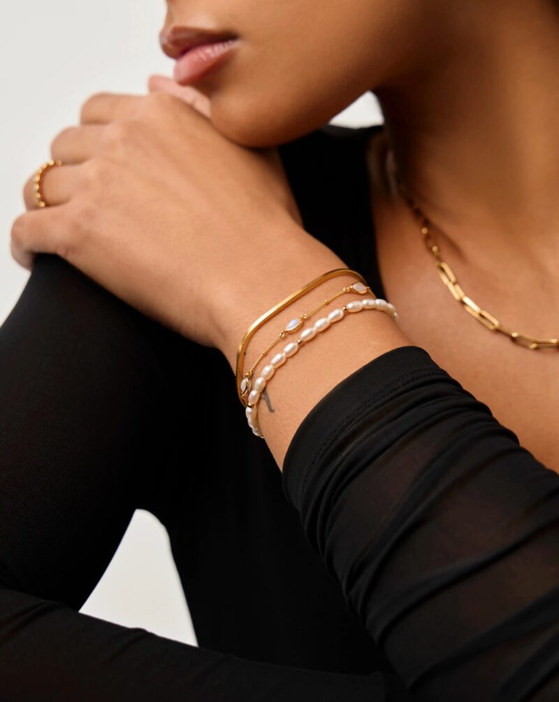 Pearl & Snake Chain Triple Bracelet Set | 18ct Gold Plated