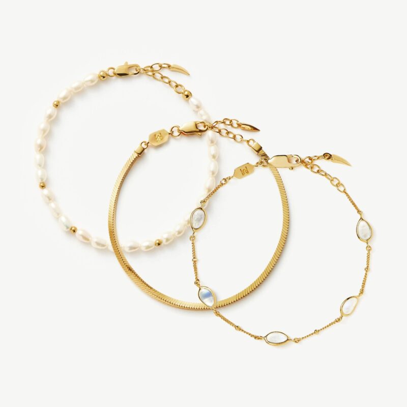 Pearl & Snake Chain Triple Bracelet Set | 18ct Gold Plated