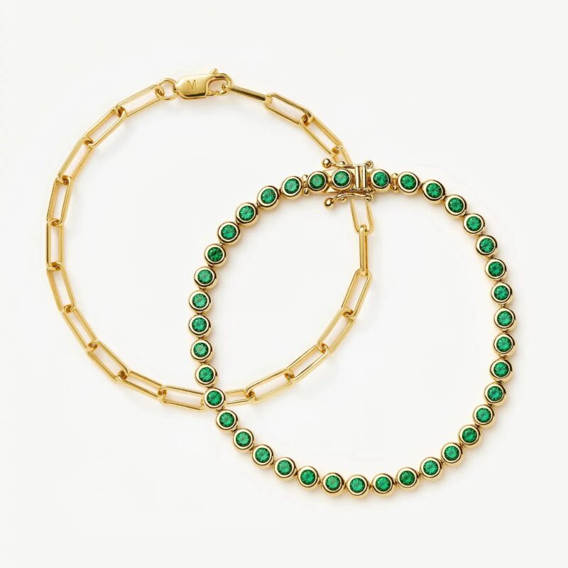 Tennis & Paperclip Bracelet Set | 18ct Gold Plated/18ct Gold Vermeil/Emerald Green Nano-crystal